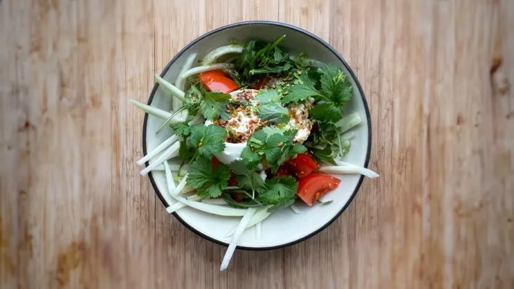 Sesamdoftande burrata med snabbpicklad zucchini.